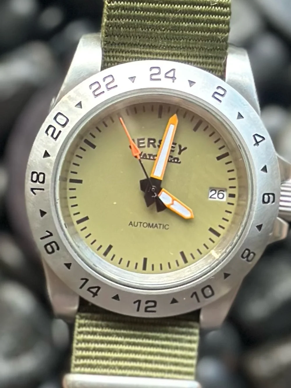 Men’s Olive Green Automatic Field Jacket-Style Watch. Explorer style SeikoMod NH